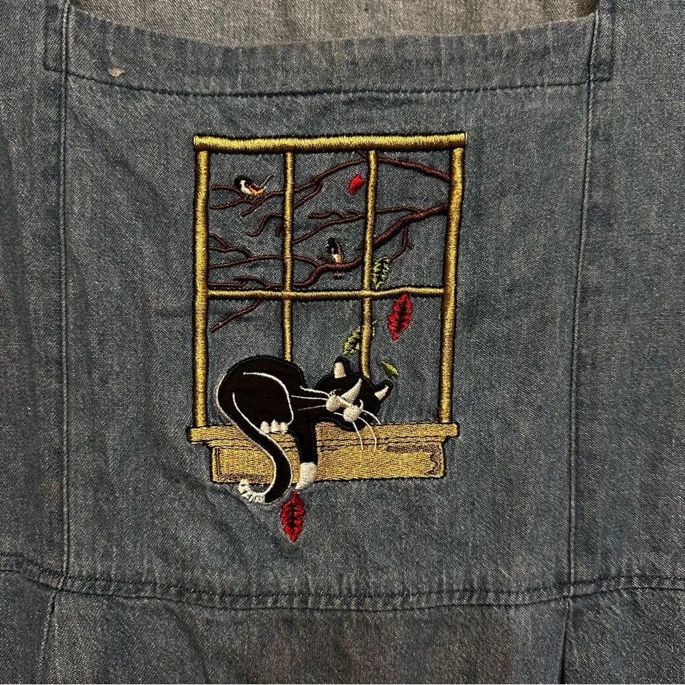 VTG y2k Denim Jumper Dress SZ PL Embroidered Cat Window Cottagecore Pinafore